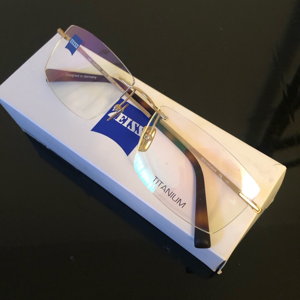 Zeiss Rectangular  Rimless Glasses with Titanium Gold Accents